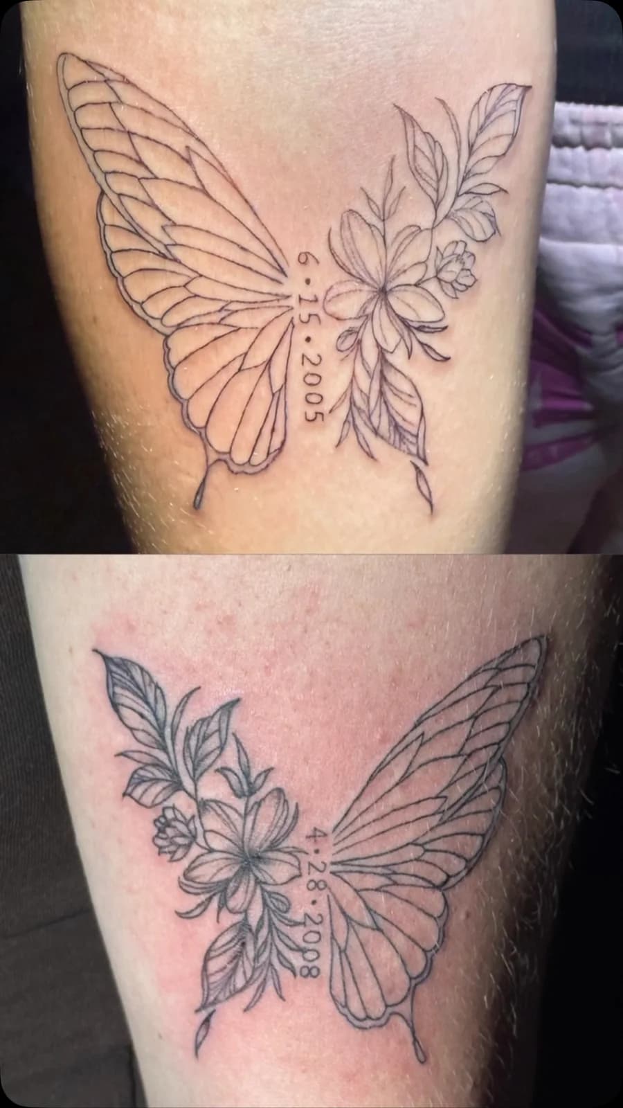 Two fine-line butterfly tattoos with botanical details